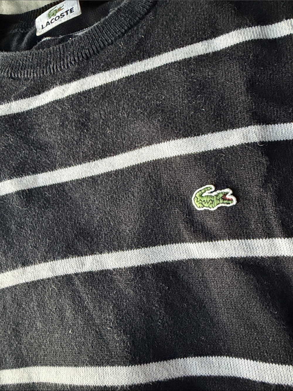 Lacoste Black Crewneck Sweater with White Stripes and Green Crocodile